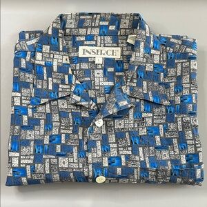 Inserch Short Sleeve Casual Button Down Shirt Blue 80s Brick Print Size Large